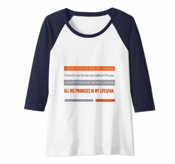 #52Devotionals I Have Faith - Christian Shirts by Anna Szabo - Navy White Raglan Baseball Tee