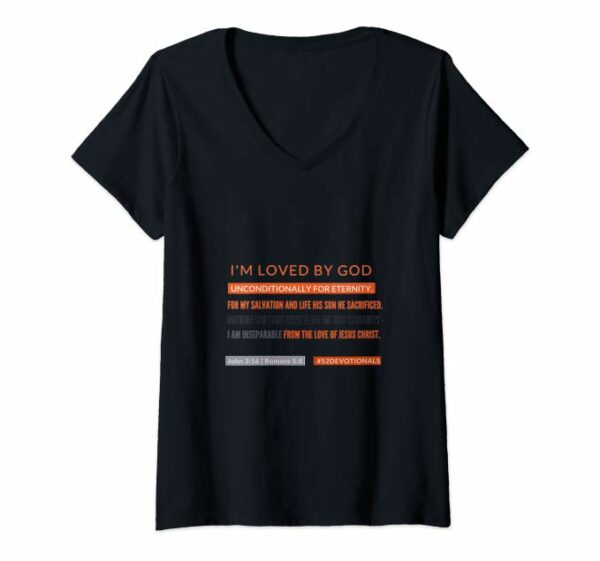 #52Devotionals I'm Loved by God – Christian Shirts by Anna Szabo – Black V-Neck T-Shirt